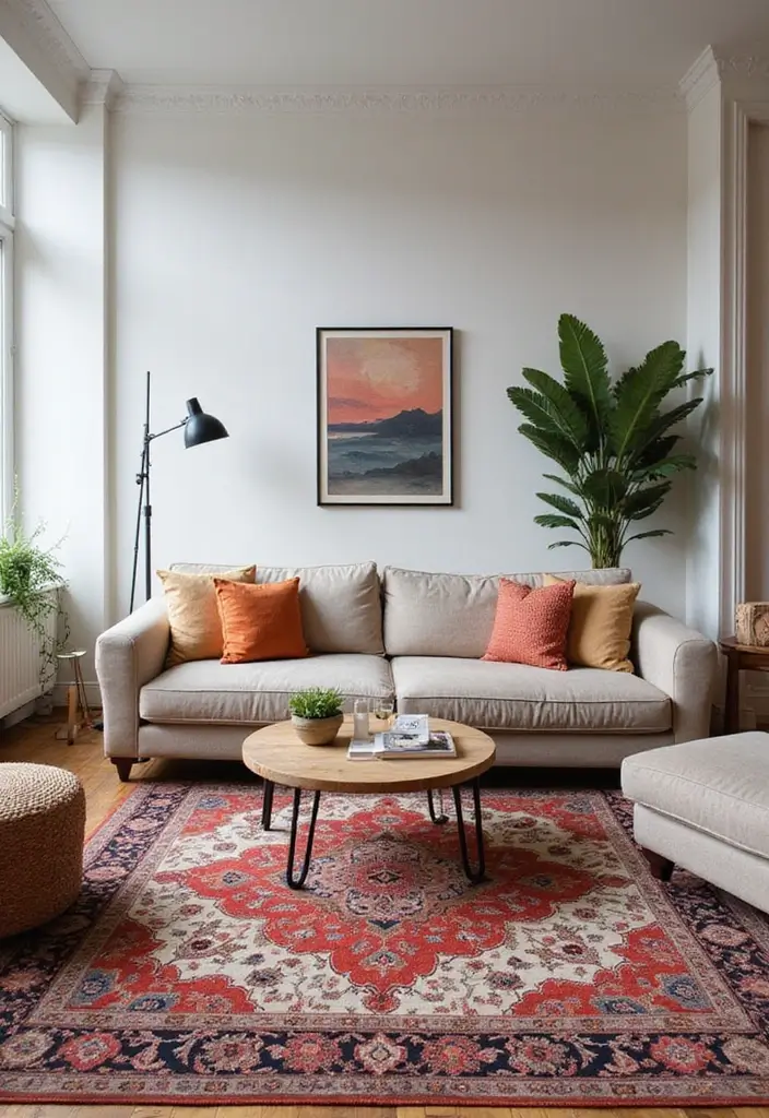 20 Cozy Living Room Ideas That'll Make You Want to Curl Up with a Book (Don't Miss #15!) - 5. Use a Statement Rug