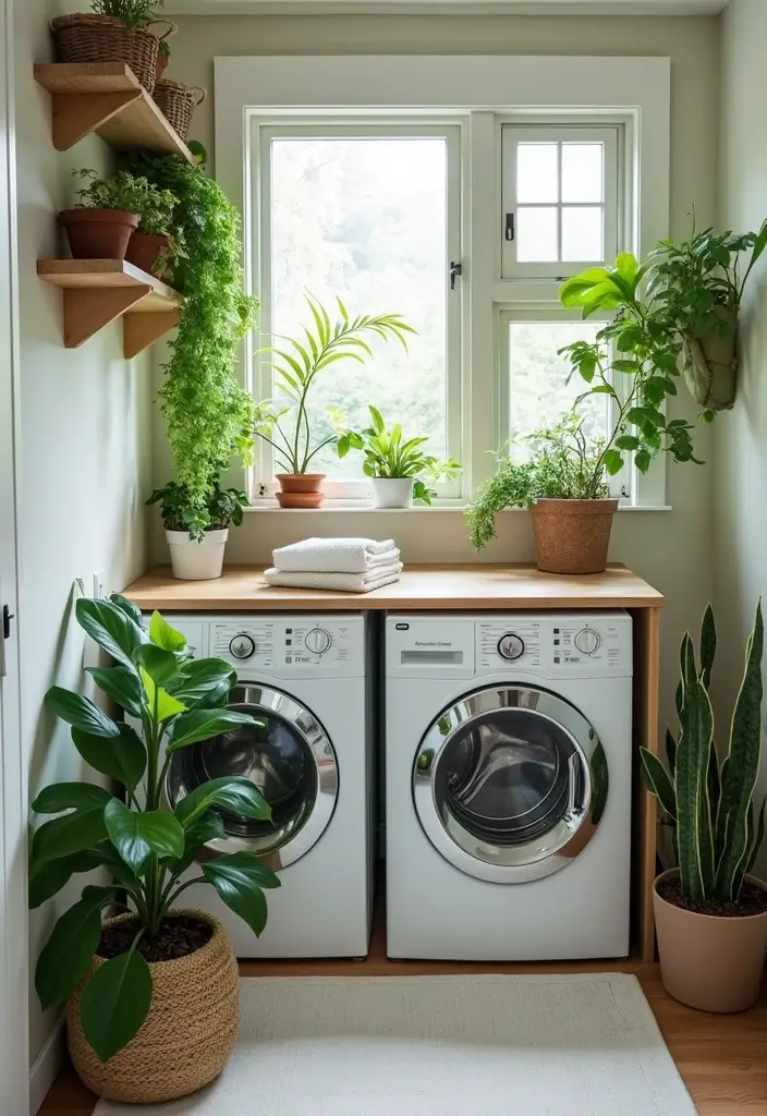 14 Stylish Laundry Room Decor Ideas That Make Doing Laundry Feel Like a Spa Day (Check Out #6!) - 11. Greenery and Plants
