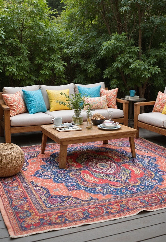 18 Backyard Decor Ideas That'll Turn Your Outdoor Space Into a Paradise (You’ll Want #12!) - 5. Artistic Outdoor Rugs