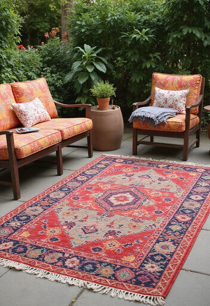 21 Bohemian Patio Decor Ideas That Will Make You Feel Like You're on a Permanent Vacation! (Don't Miss #14!) - 5. Colorful Rugs