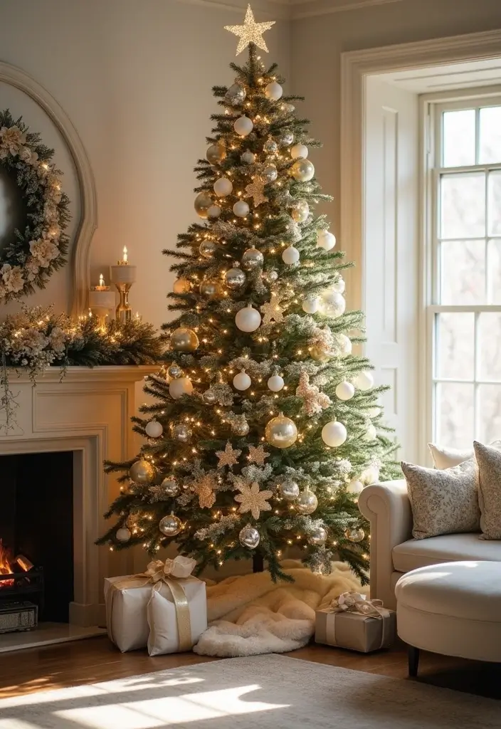 18 Elegant Christmas Trees That Make Your Living Room Look Luxe (No Expensive Fuss!) - 1. Classic Elegance with White and Gold