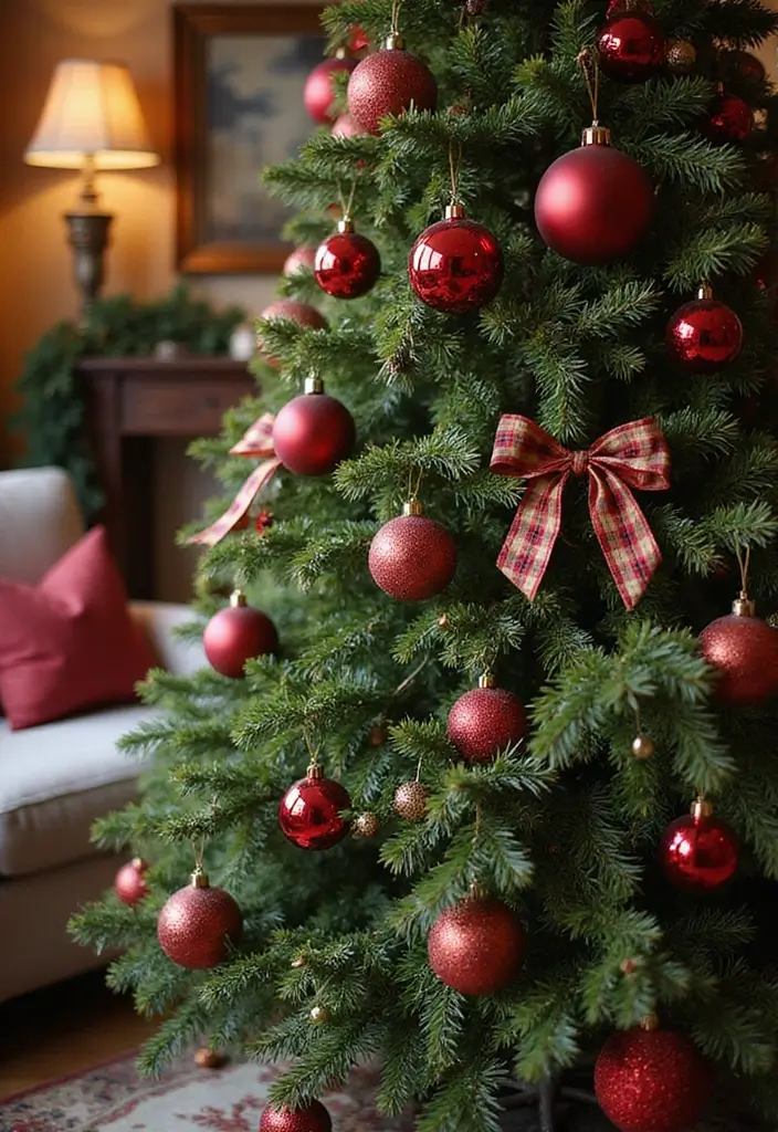 18 Elegant Christmas Trees That Make Your Living Room Look Luxe (No Expensive Fuss!) - 11. Traditional Red and Green