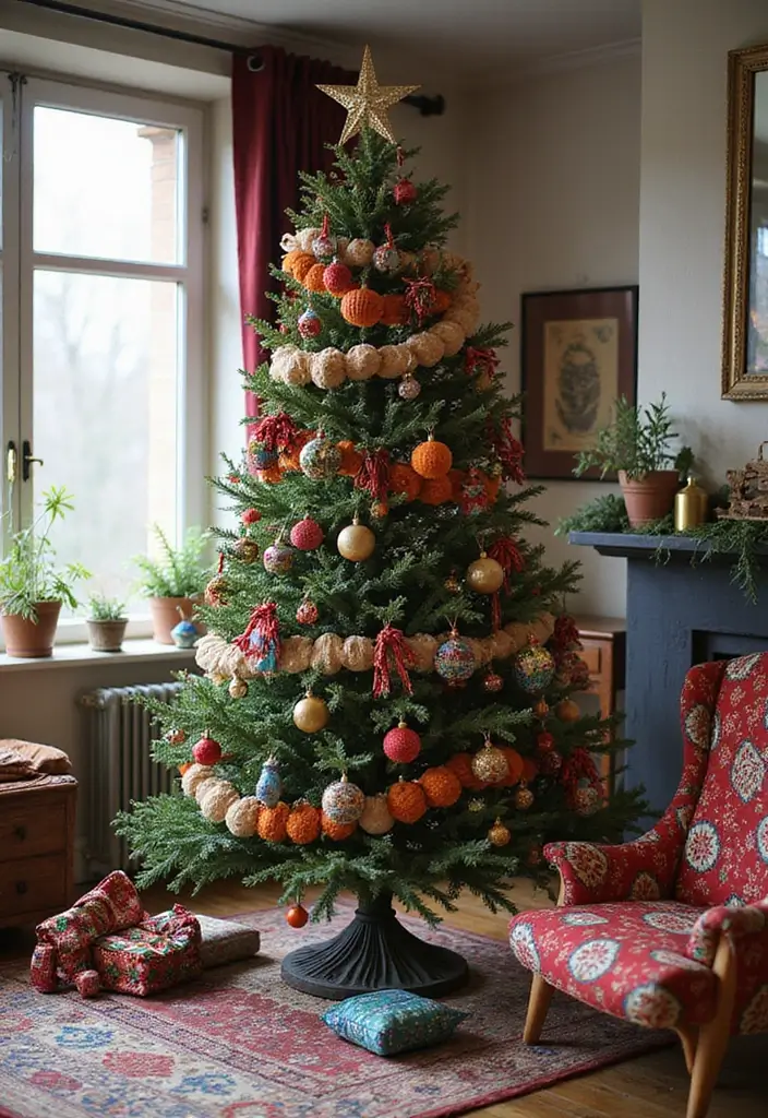 18 Elegant Christmas Trees That Make Your Living Room Look Luxe (No Expensive Fuss!) - 16. Eclectic Bohemian