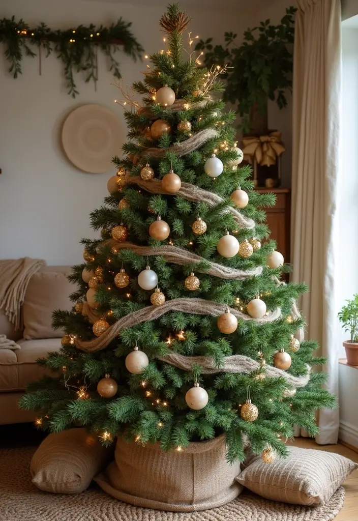 18 Elegant Christmas Trees That Make Your Living Room Look Luxe (No Expensive Fuss!) - 2. Rustic Charm with Natural Wood and Greenery