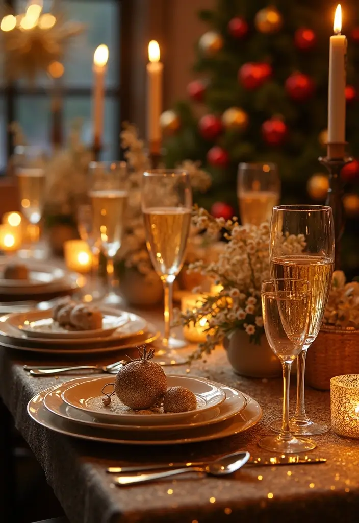 22 Color-Pilled Seasonal Table Settings That Make Your Tablescape Pop - 14. Celebratory Chic: New Year's Eve Sparkle