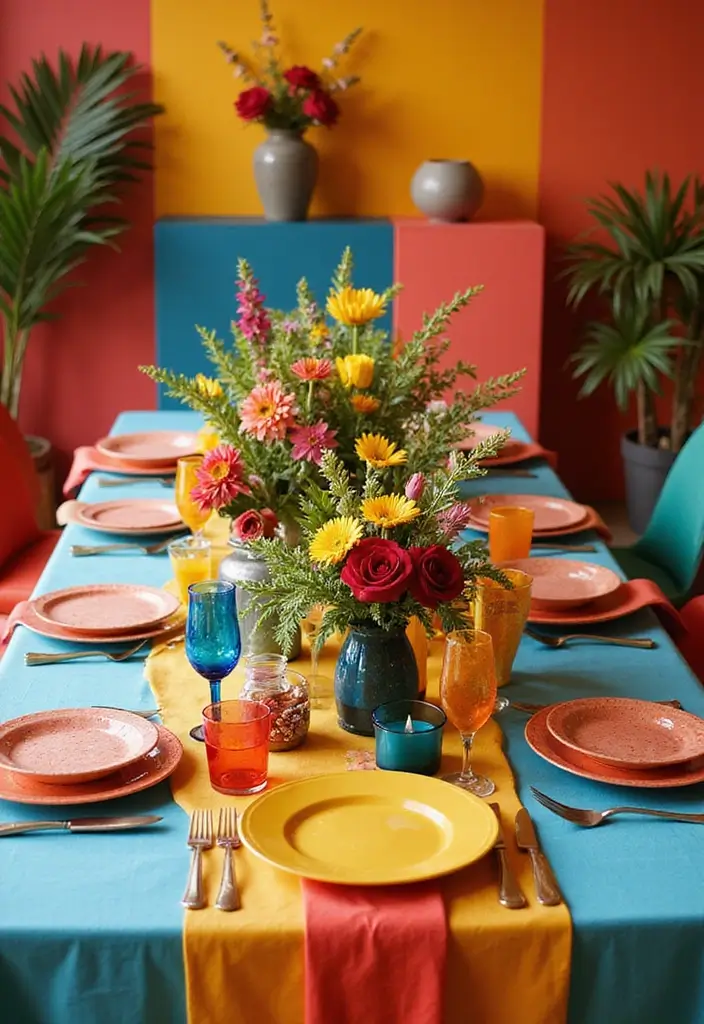 22 Color-Pilled Seasonal Table Settings That Make Your Tablescape Pop - 17. Color Block: Bold and Bright