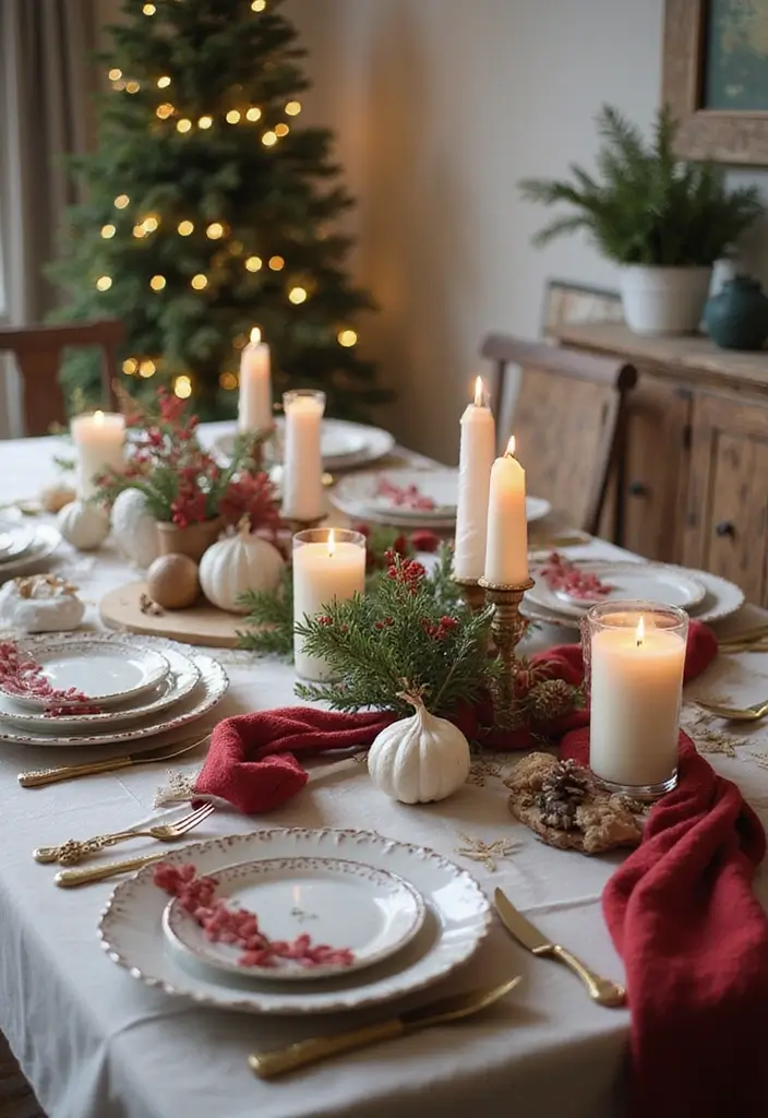 22 Color-Pilled Seasonal Table Settings That Make Your Tablescape Pop - 20. Cozy Winter Hearth: Warm Whites and Reds