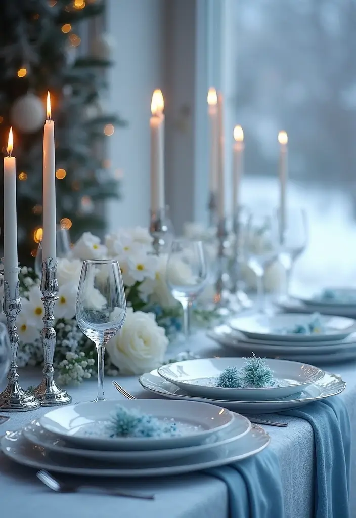 22 Color-Pilled Seasonal Table Settings That Make Your Tablescape Pop - 4. Winter Wonderland: Icy Blues and Whites