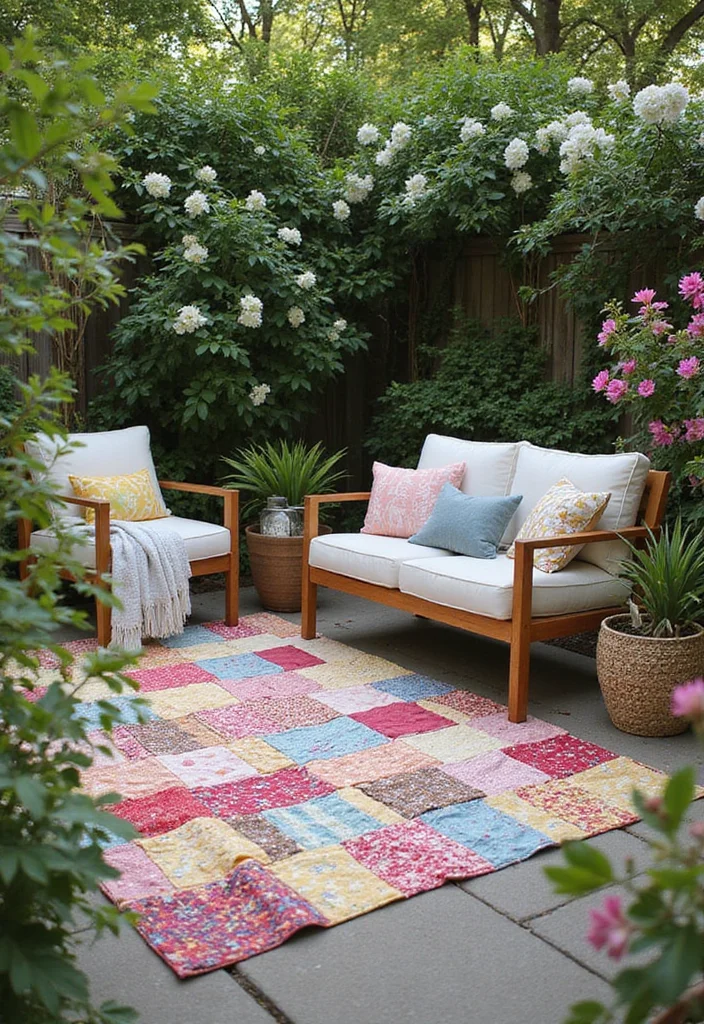 14 Creative DIY Garden Decor Ideas That'll Make Your Neighbors Jealous (Check Out #10!) - 14. Outdoor Rug from Fabric Scraps