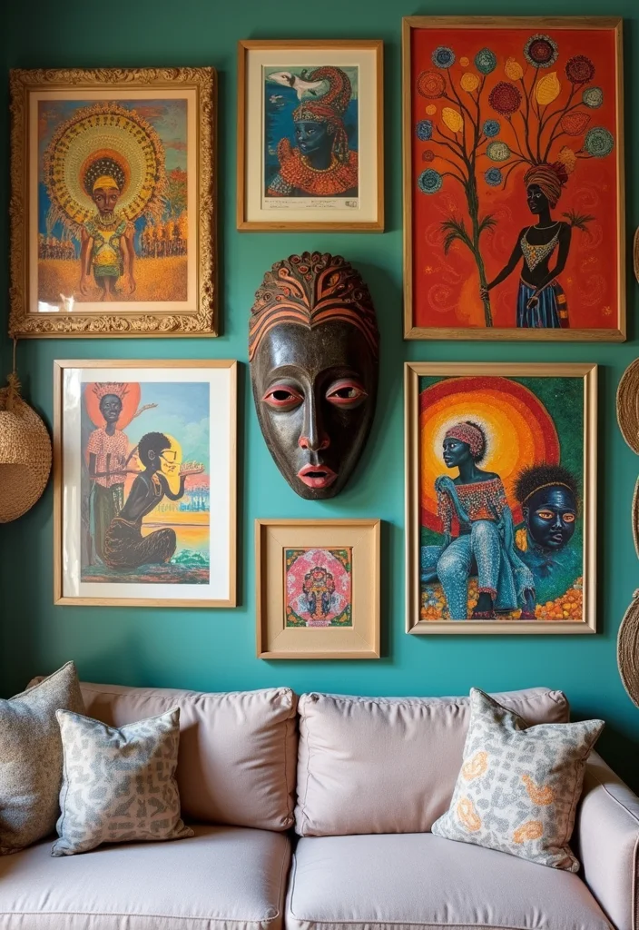 12 Afrohemian Living Room Decor Ideas That'll Make Your Space Pop! - 5. Artful Wall Displays 1