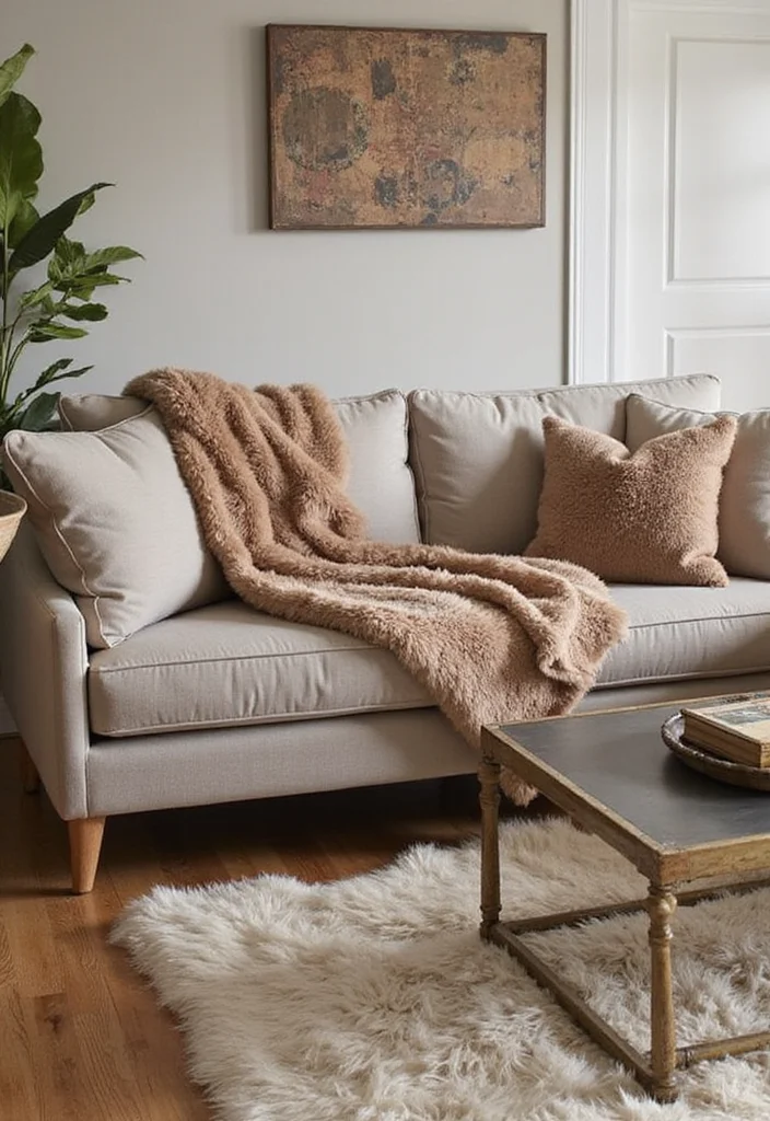 16 Cozy Living Room Tricks to Create a Warm Ambiance (You’ll Be Surprised by #5!) - 14. Cozy Faux Fur Accents 1