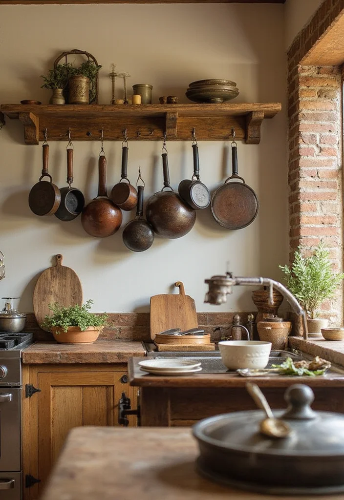 16 Open Shelving Ideas for Rustic Kitchen Decor That'll Wow Your Guests! - 14. Wall-Mounted Pot Rack with Open Shelving 1