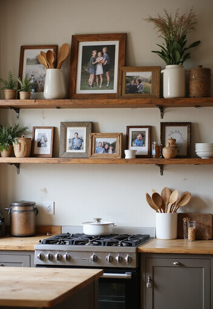 16 Open Shelving Ideas for Rustic Kitchen Decor That'll Wow Your Guests! - 16. Personalized Photo Display 1