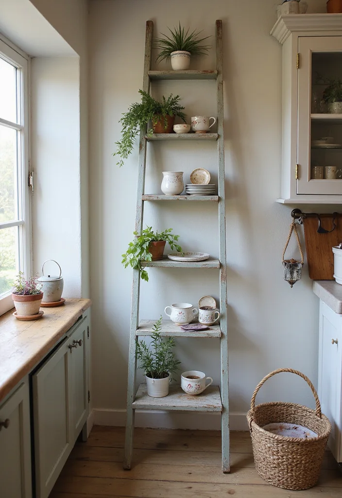 16 Open Shelving Ideas for Rustic Kitchen Decor That'll Wow Your Guests! - 3. Vintage Ladder Shelves 1