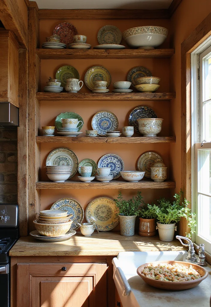 16 Open Shelving Ideas for Rustic Kitchen Decor That'll Wow Your Guests! - 6. Rustic Display with Vintage Dishes 1