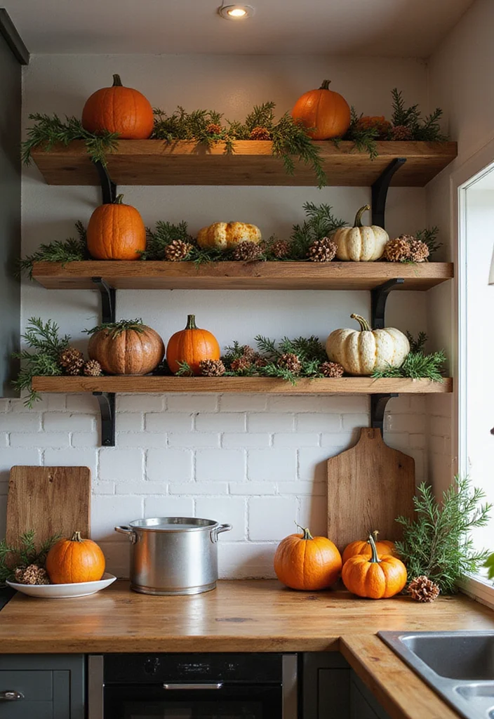 16 Open Shelving Ideas for Rustic Kitchen Decor That'll Wow Your Guests! - 7. Seasonal Decor with Natural Elements 1