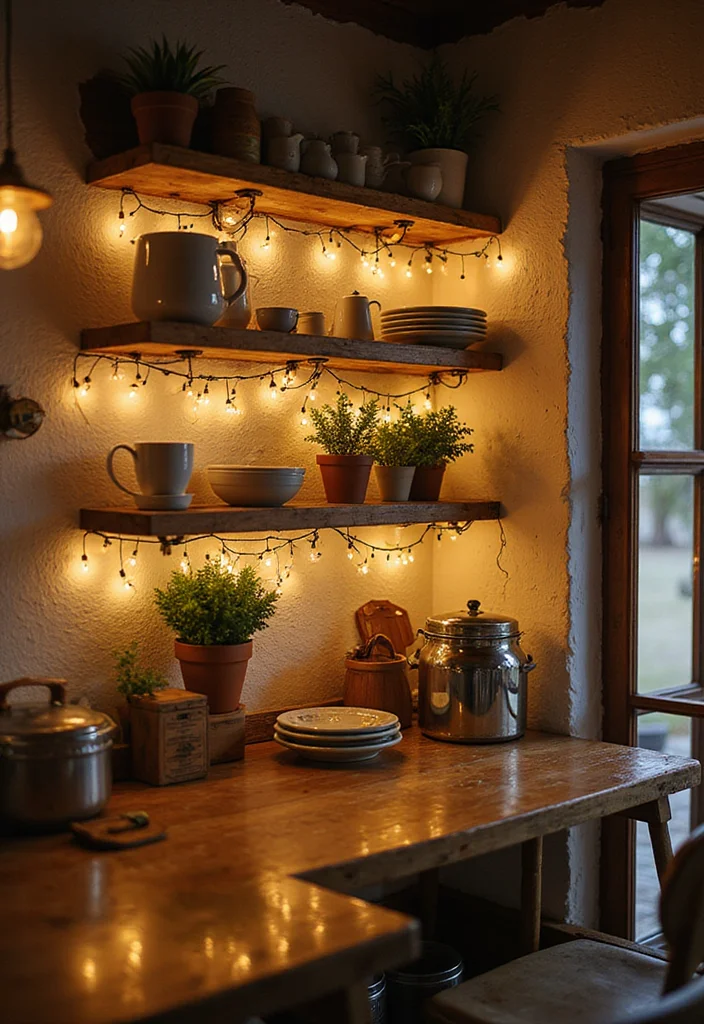 16 Open Shelving Ideas for Rustic Kitchen Decor That'll Wow Your Guests! - 8. Open Shelves with Lighting 1