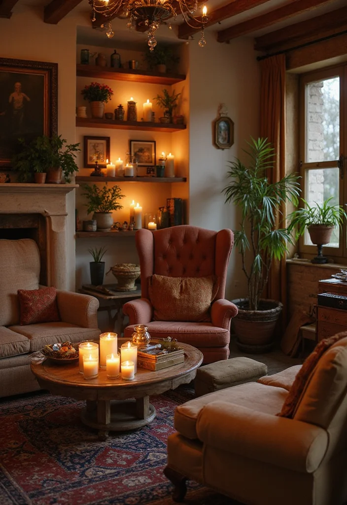 20 Cozy Living Room Ideas with Bohemian Charm (You Won’t Believe #7!) - 14. Layered Lighting with Candle Accents 1