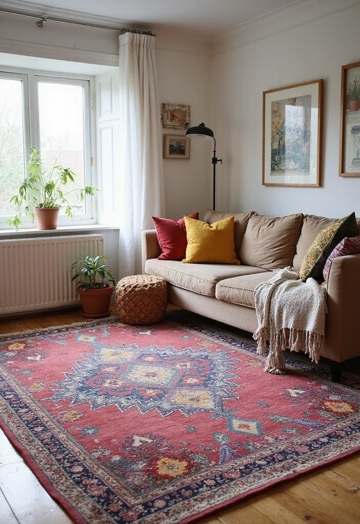 20 Cozy Living Room Ideas with Bohemian Charm (You Won’t Believe #7!) - 7. Colorful Rugs to Define Spaces 1