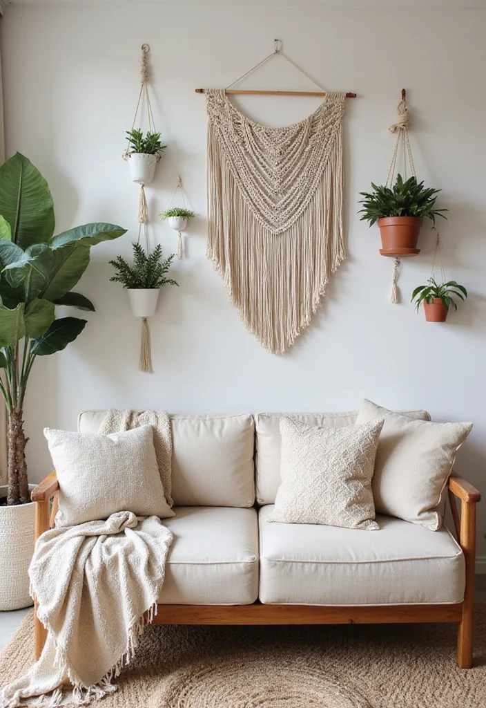 20 Cozy Living Room Ideas with Bohemian Charm (You Won’t Believe #7!) - 8. Dreamy Macramé Decorations 1