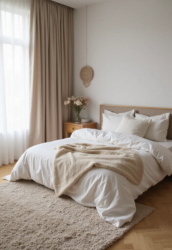 20 Tranquil Minimalist Bedroom Decor Tips That Will Elevate Your Atmosphere! - 11. Use Soft Rugs 1