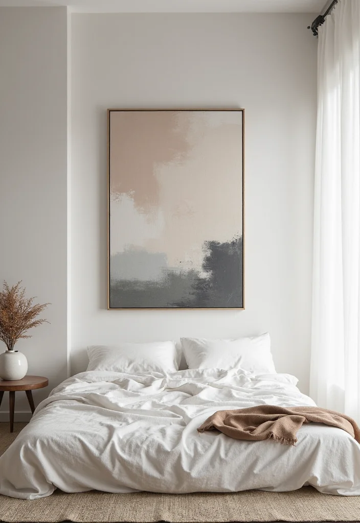 20 Tranquil Minimalist Bedroom Decor Tips That Will Elevate Your Atmosphere! - 13. Incorporate Minimalist Art 1