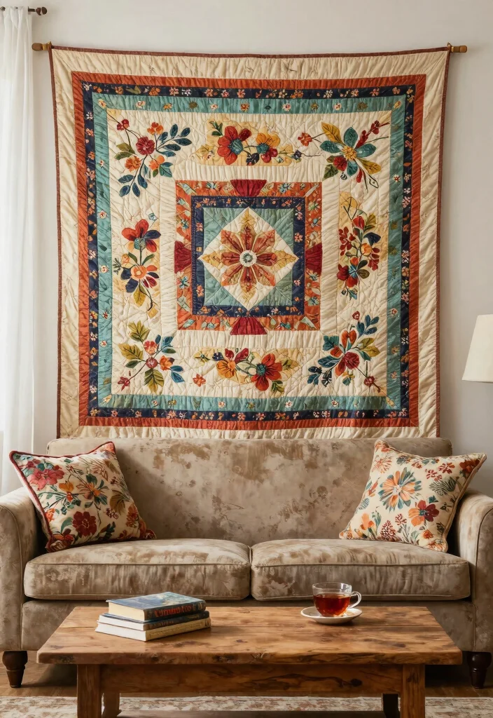 22 Vintage Wall Art Ideas to Completely Transform Your Home (You’ll Love #10!) - 3. Vintage Fabric Wall Hangings 1