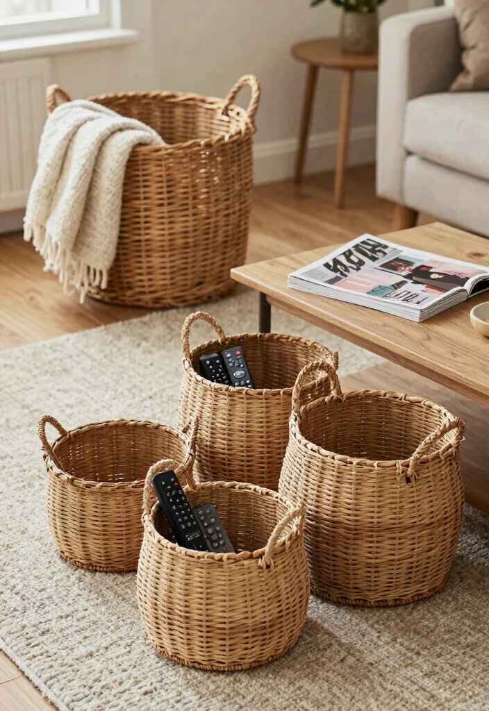 10 Quick DIY Home Organization Fixes to Create a Stress-Free Home! - 4. Stylish Baskets for Living Room Clutter 1