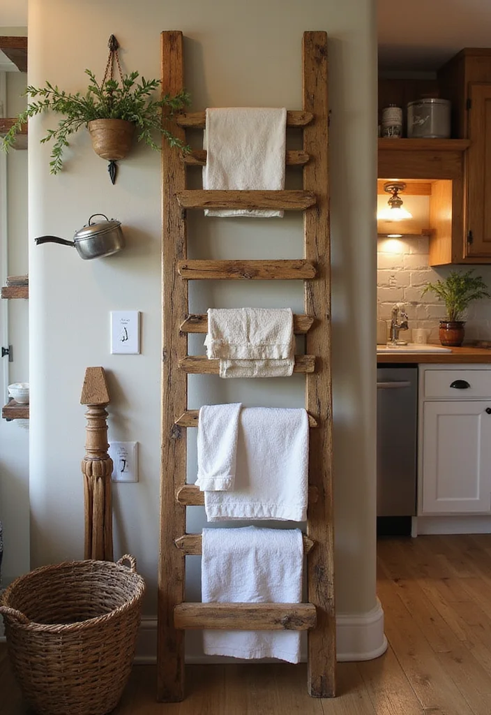 12 Budget-Friendly Farmhouse Kitchen DIY Projects That Will Transform Your Space! - 10. Decorative Ladder Storage 1