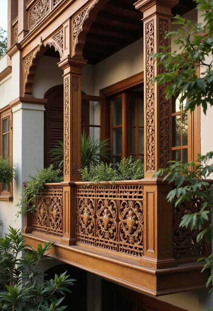 14 Wood Balcony Railings That Blend Safety with Style (Your Guests Will Be Impressed!) - 12. Elegant Decorative Patterns 1
