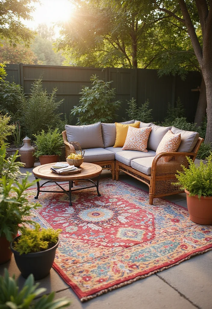 25 Patio Furniture Ideas for a Stylish and Comfortable Outdoor Space! - 13. Creative Outdoor Rugs 1