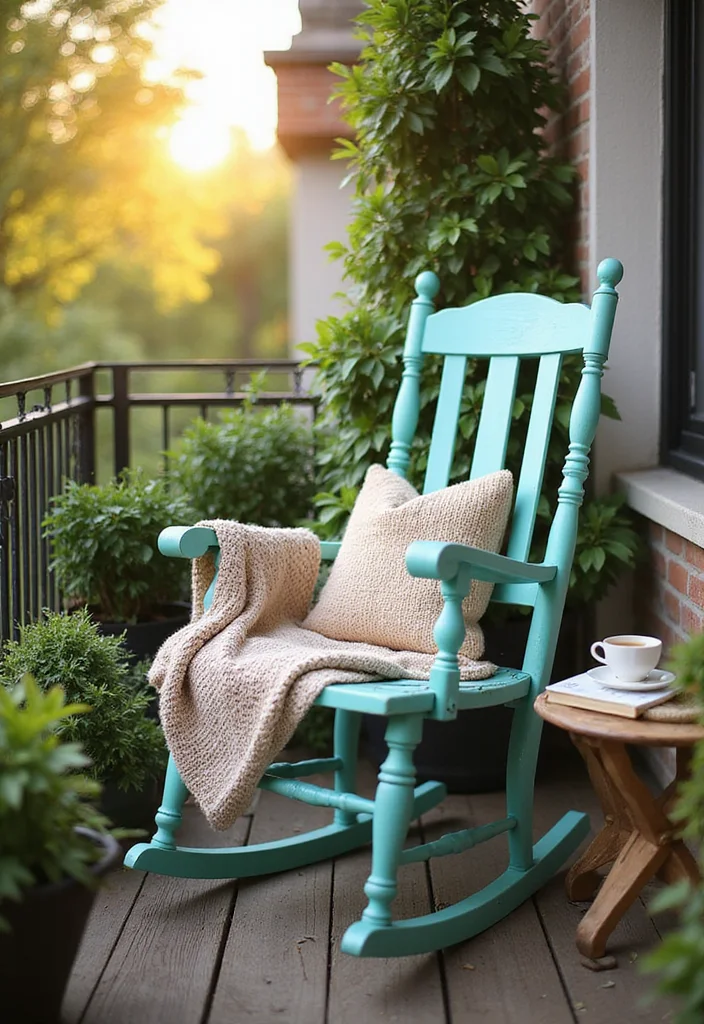 18 Cozy Balcony Furniture Ideas That Will Maximize Your Small Space (Get Ready for #6!) - 10. Vintage Style Rocking Chair 1