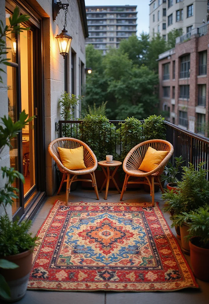 18 Cozy Balcony Furniture Ideas That Will Maximize Your Small Space (Get Ready for #6!) - 15. Outdoor Rug 1