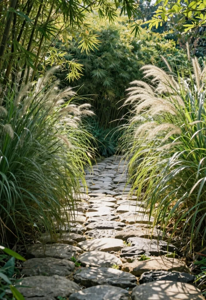15 Stunning River Rock Path Ideas That Will Transform Your Garden into a Paradise! - 11. Pathway Privacy with Tall Plants 1